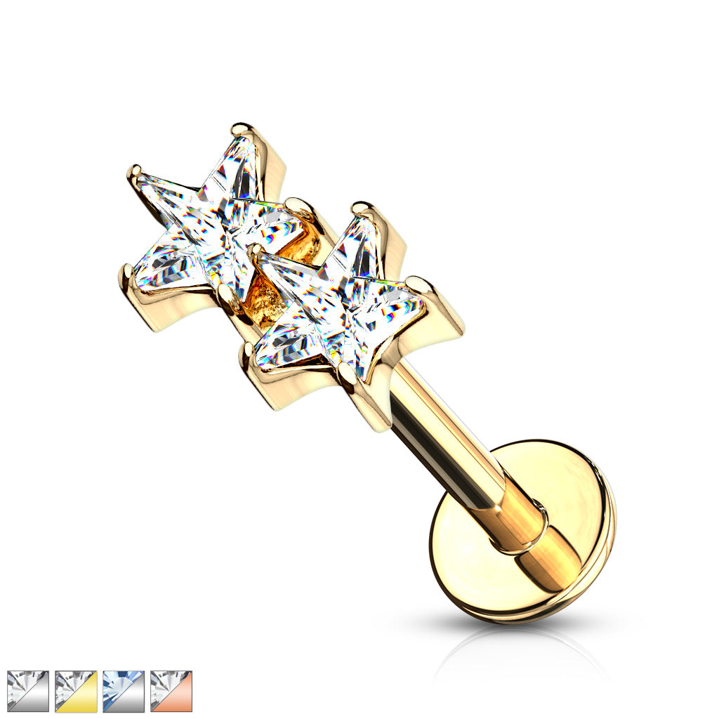 Twin CZ Star Top Internally Threaded 316L Surgical Steel Flat Back Studs for Labret, Monroe, Ear Cartilage and More - all colors