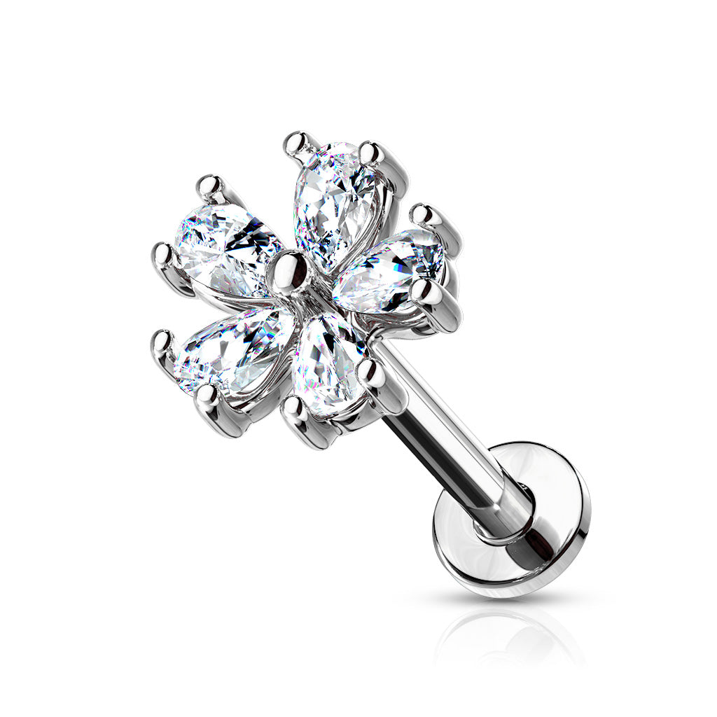 Five Pear CZ Petal Flower Internally Threaded 316L Surgical Steel Flat Back Studs for Labret, Monroe, Ear Cartilage and More - Clear