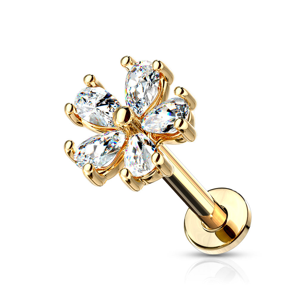 Five Pear CZ Petal Flower Internally Threaded 316L Surgical Steel Flat Back Studs for Labret, Monroe, Ear Cartilage and More - Gold/Clear