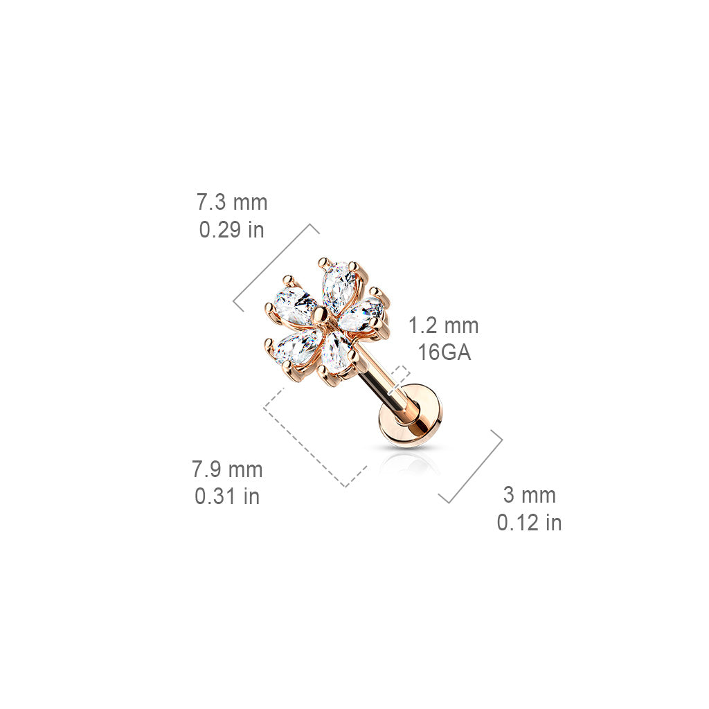 Five Pear CZ Petal Flower Internally Threaded 316L Surgical Steel Flat Back Studs for Labret, Monroe, Ear Cartilage and More size chart