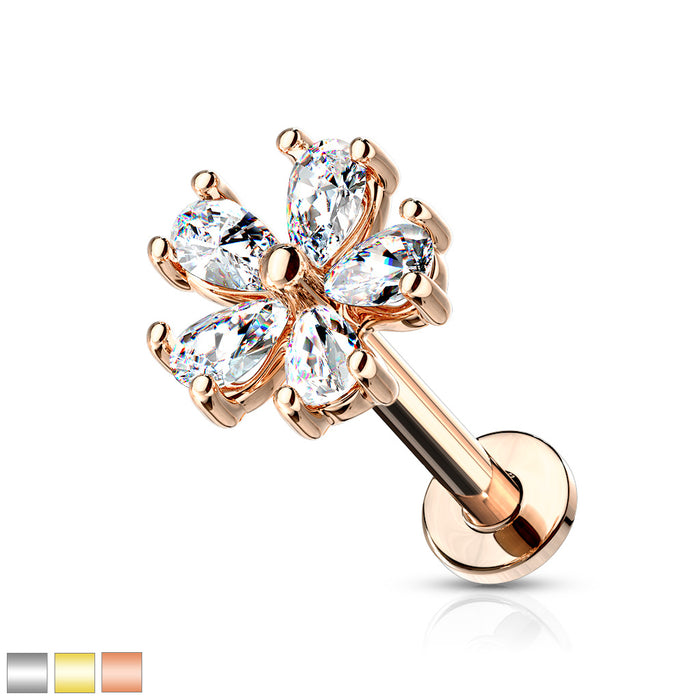 Five Pear CZ Petal Flower Internally Threaded 316L Steel Flat Back Studs