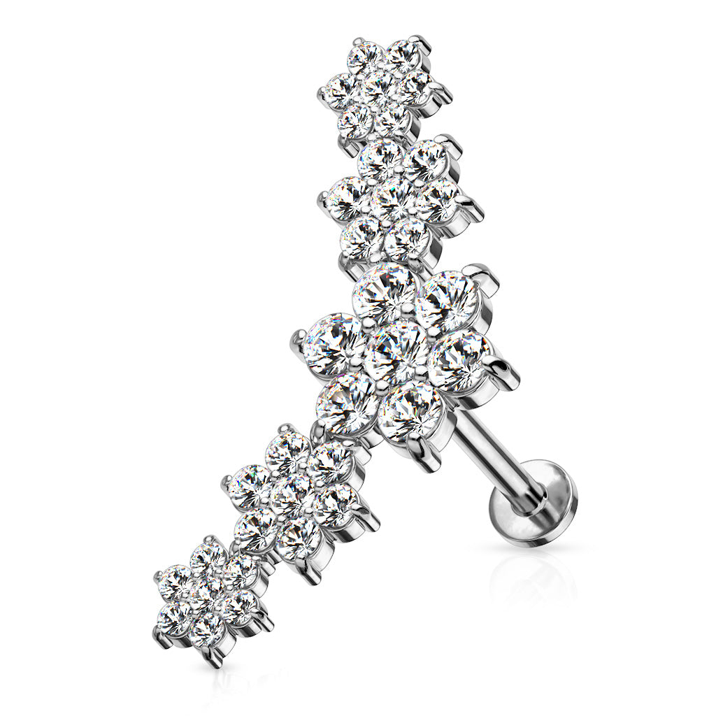 Five Double Tiered CZ Flowers Curve Top 316L Surgical Steel Internally Threaded Labret, Monroe, Ear Cartilage, and More - Clear