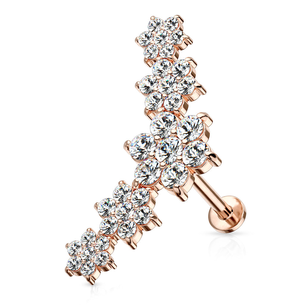 Five Double Tiered CZ Flowers Curve Top 316L Surgical Steel Internally Threaded Labret, Monroe, Ear Cartilage, and More - Rose Gold/Clear