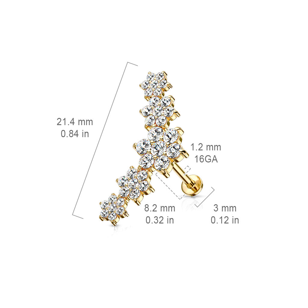 Five Double Tiered CZ Flowers Curve Top 316L Surgical Steel Internally Threaded Labret, Monroe, Ear Cartilage, and More size chart