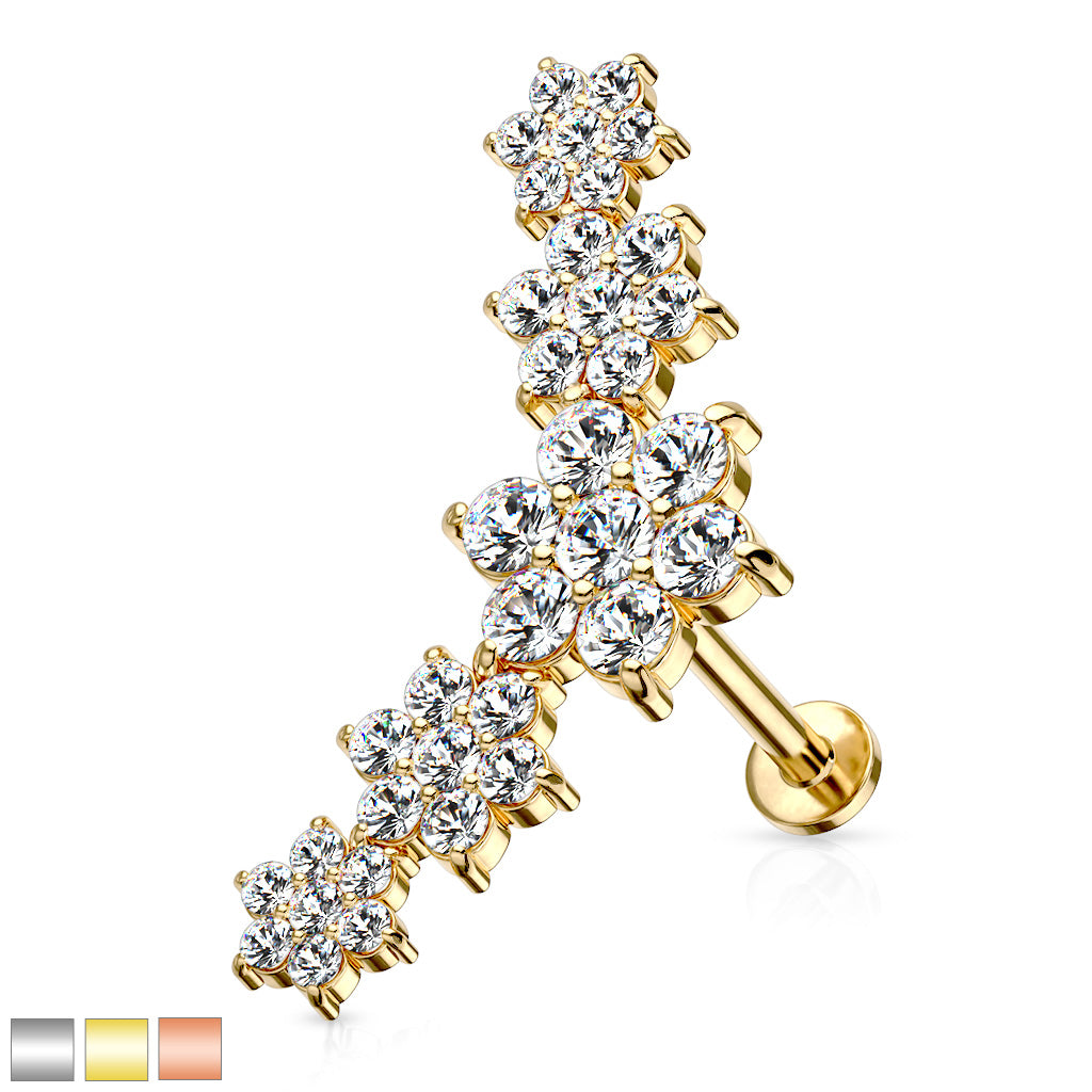Five Double Tiered CZ Flowers Curve Top 316L Surgical Steel Internally Threaded Labret, Monroe, Ear Cartilage, and More - all colors