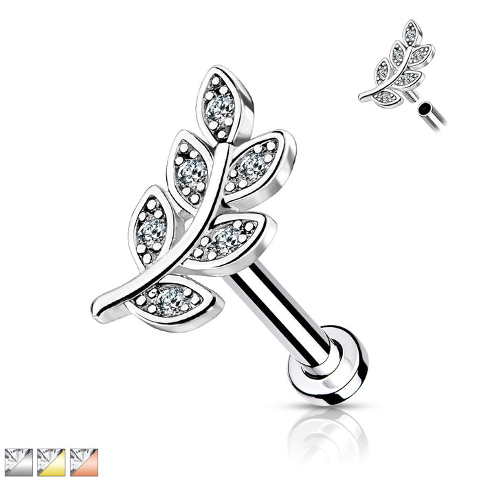 Micro CZ Paved Leaf Internally Threaded 316L Surgical Steel Flat Back Studs