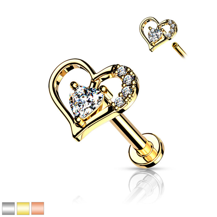 Paved Heart With Heart CZ Solitaire Internally Threaded 316L Flat Back Studs