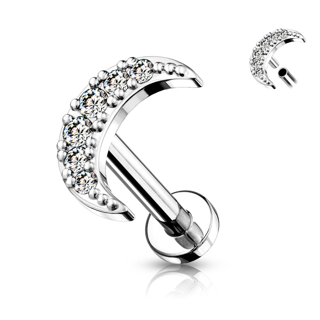 CZ Paved Crescent Moon Top on Internally Threaded 316L Surgical Steel Flat Back Studs for Labret, Monroe, Cartilage and More - Clear