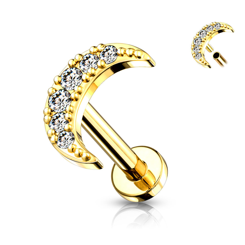 CZ Paved Crescent Moon Top on Internally Threaded 316L Surgical Steel Flat Back Studs for Labret, Monroe, Cartilage and More - Gold/Clear