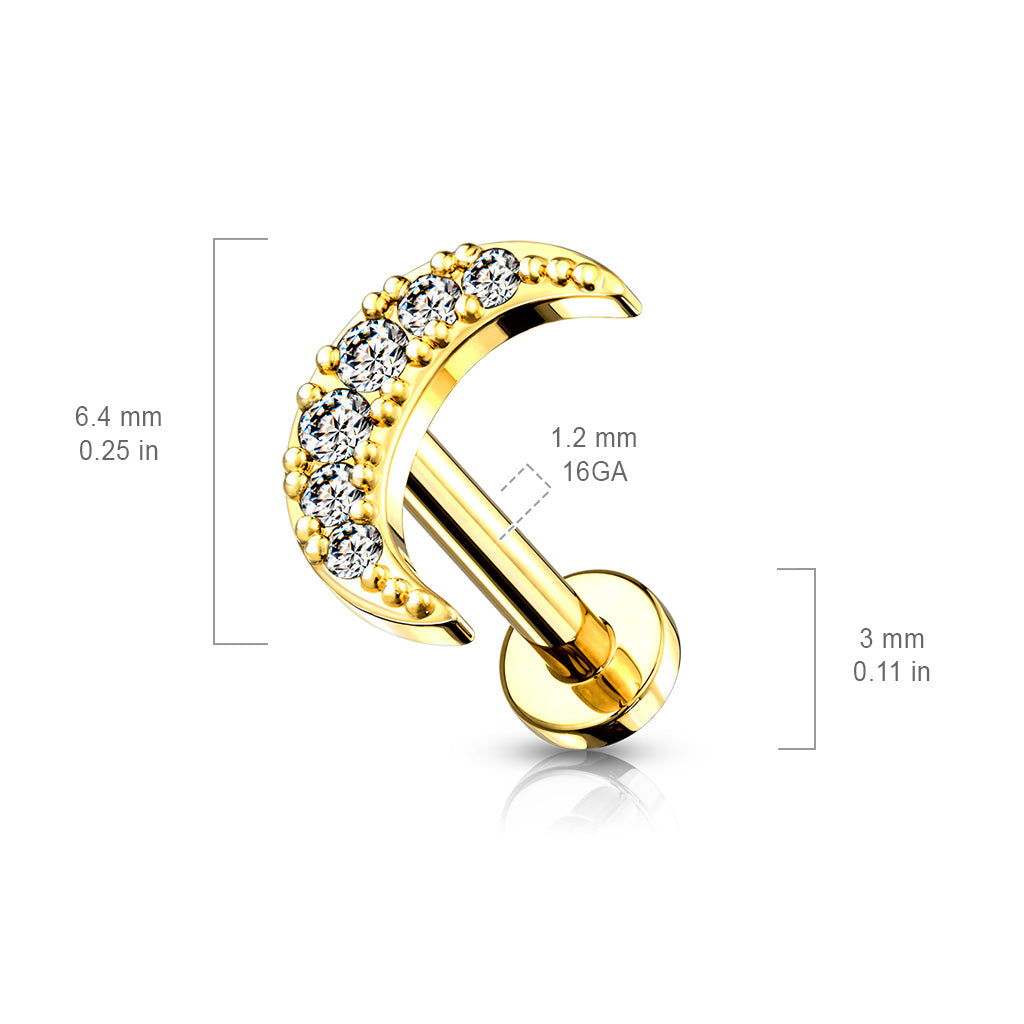 CZ Paved Crescent Moon Top on Internally Threaded 316L Surgical Steel Flat Back Studs for Labret, Monroe, Cartilage and More size chart