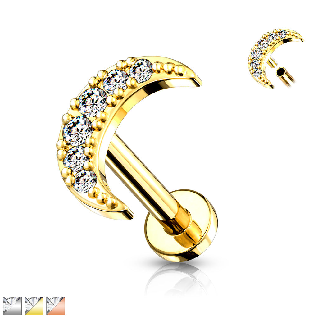 CZ Paved Crescent Moon Top on Internally Threaded 316L Surgical Steel Flat Back Studs for Labret, Monroe, Cartilage and More - all colors