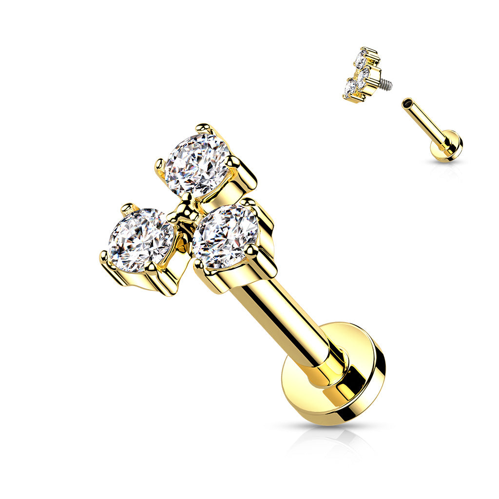 Triangle Cz Set Internally Threaded 316L Surgical Steel Flat Back Studs For Labret, Monroe, Cartilage And More - Gold/Clear