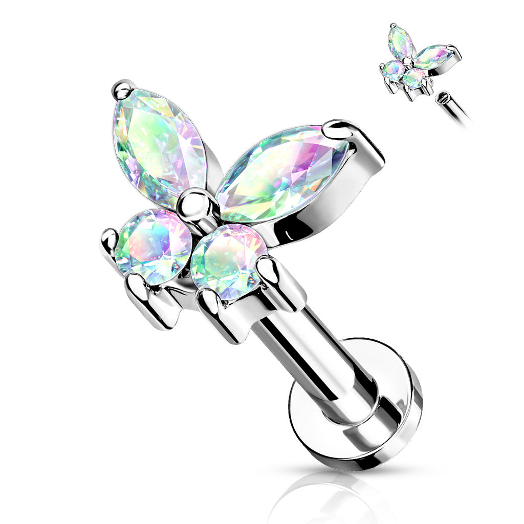 Cz Butterfly Top On Internally Threaded 316L Surgical Steel Flat Back Studs For Labret, Monroe, Cartilage And More - Aurora Borealis