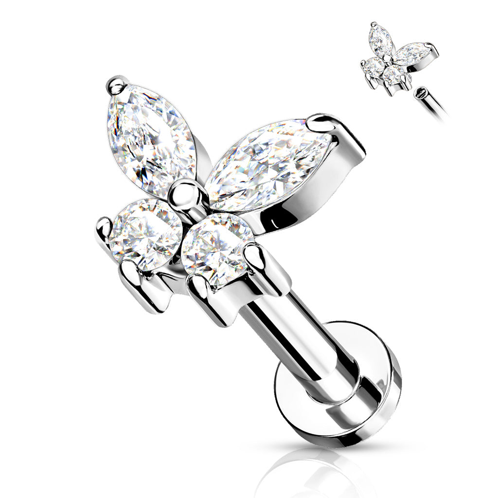 Cz Butterfly Top On Internally Threaded 316L Surgical Steel Flat Back Studs For Labret, Monroe, Cartilage And More - Clear