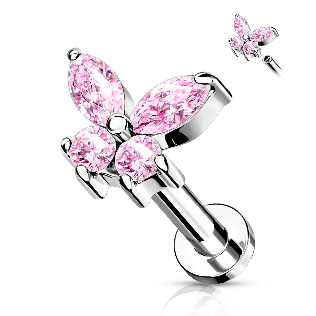 Cz Butterfly Top On Internally Threaded 316L Surgical Steel Flat Back Studs For Labret, Monroe, Cartilage And More - Pink
