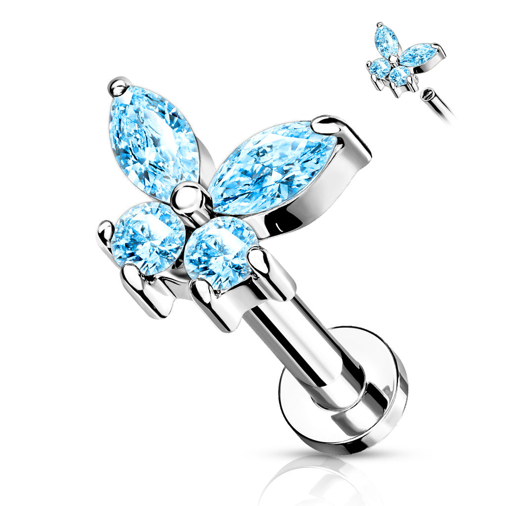 Cz Butterfly Top On Internally Threaded 316L Surgical Steel Flat Back Studs For Labret, Monroe, Cartilage And More - Aqua