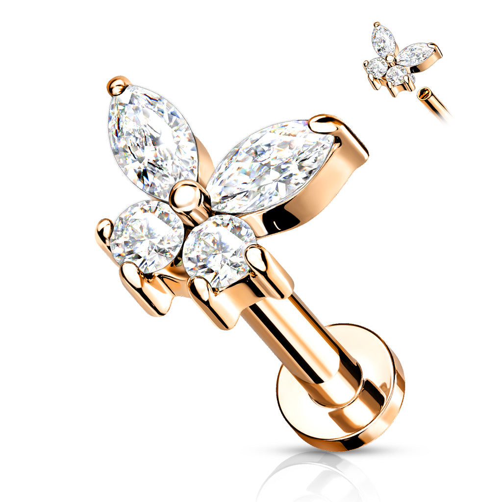 Cz Butterfly Top On Internally Threaded 316L Surgical Steel Flat Back Studs For Labret, Monroe, Cartilage And More - Rose Gold/Clear