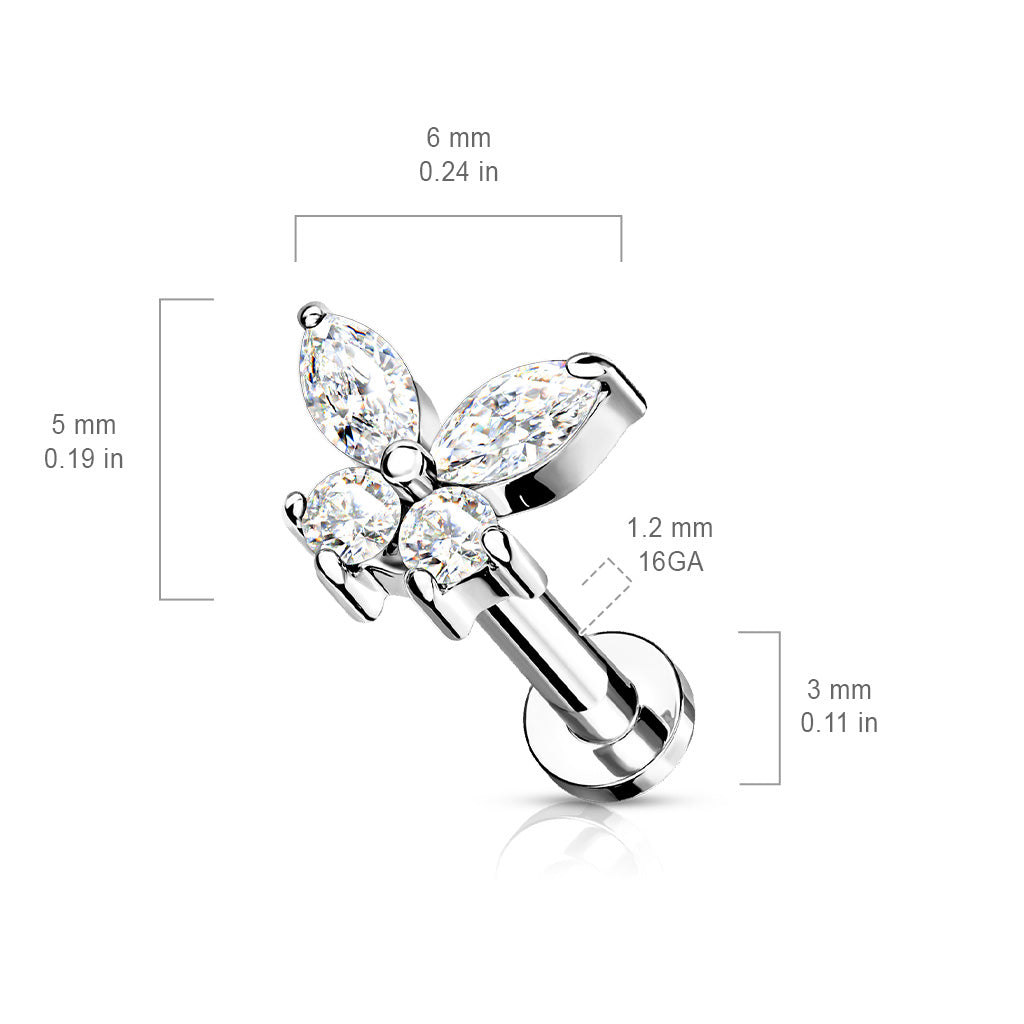 Cz Butterfly Top On Internally Threaded 316L Surgical Steel Flat Back Studs For Labret, Monroe, Cartilage And More size chart