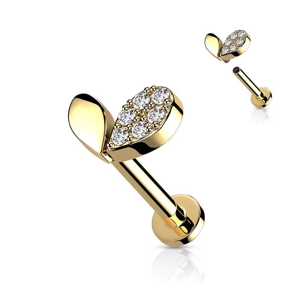 Sprout Heart With CZ Top on Internally Threaded 316L Surgical Steel Flat Back Studs for Labret, Monroe, Cartilage and More - Gold/Clear