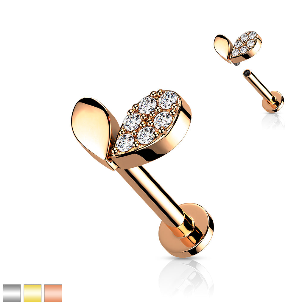 Sprout Heart With CZ Top on Internally Threaded 316L Surgical Steel Flat Back Studs for Labret, Monroe, Cartilage and More - all colors