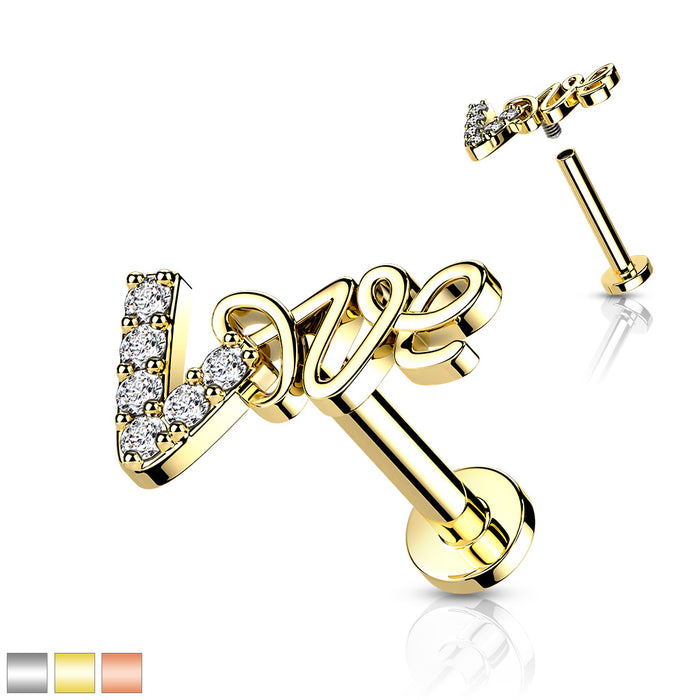 CZ Paved Love Internally Threaded 316L Surgical Steel Flat Back Studs