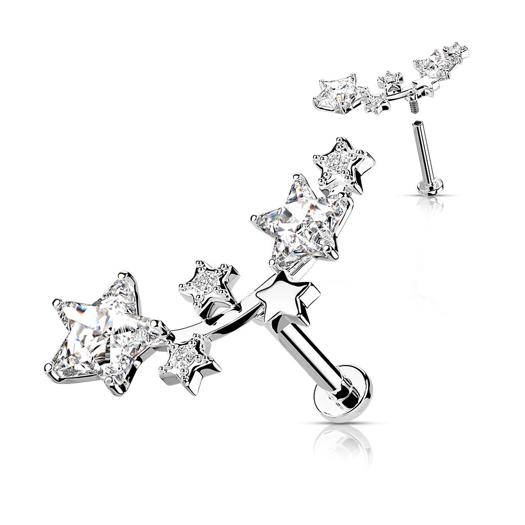 Multi Star CZ Vine Top Internally Threaded 316L Surgical Steel Flat Back Studs for Labret, Monroe, Cartilage and More - Clear