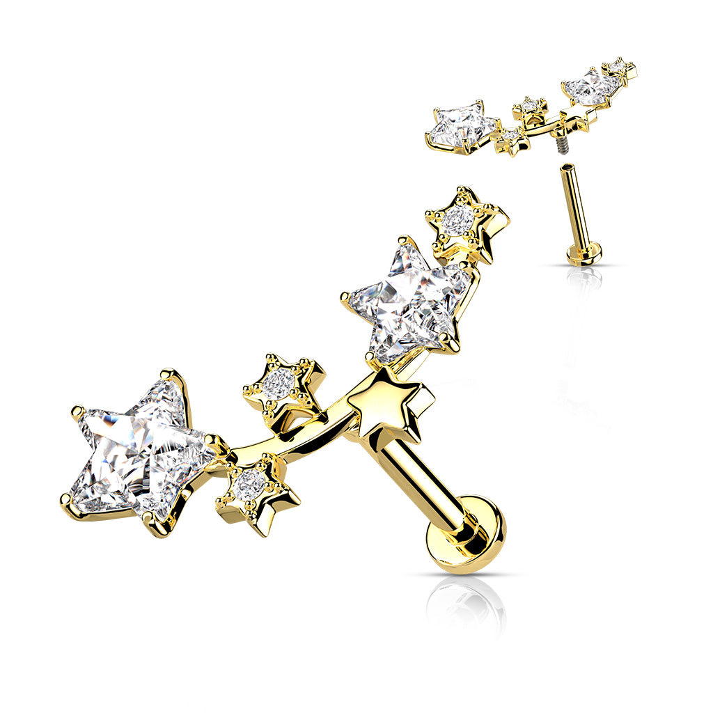 Multi Star CZ Vine Top Internally Threaded 316L Surgical Steel Flat Back Studs for Labret, Monroe, Cartilage and More - Gold/Clear