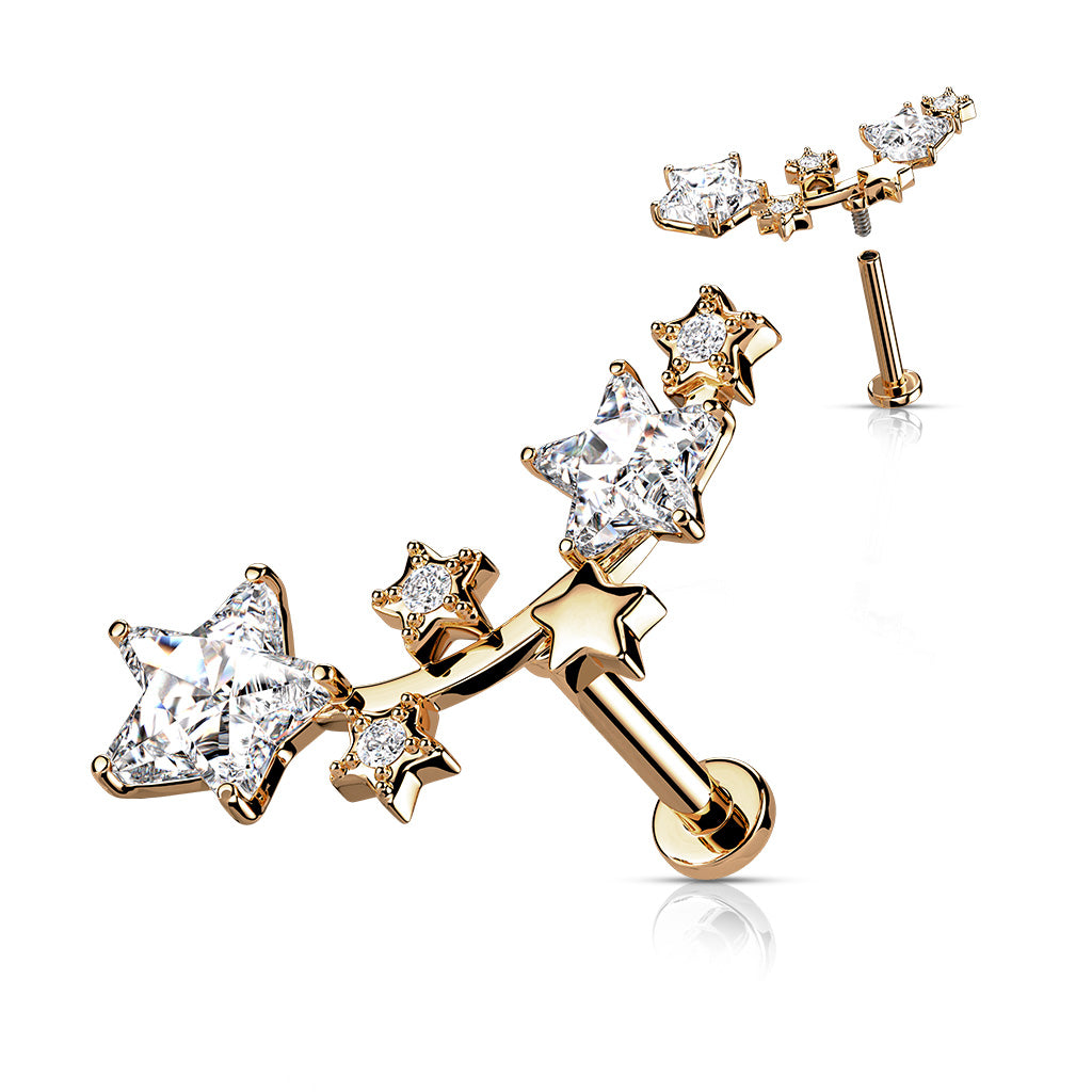 Multi Star CZ Vine Top Internally Threaded 316L Surgical Steel Flat Back Studs for Labret, Monroe, Cartilage and More - Rose Gold/Clear