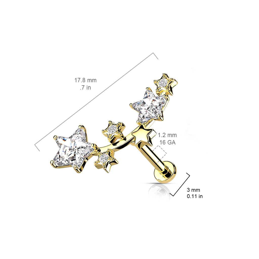 Multi Star CZ Vine Top Internally Threaded 316L Surgical Steel Flat Back Studs for Labret, Monroe, Cartilage and More size chart