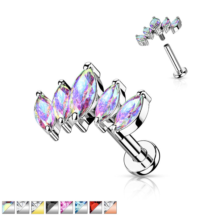 5 Marquise CZ Fan Internally Threaded 316L Surgical Steel Flat Back Studs