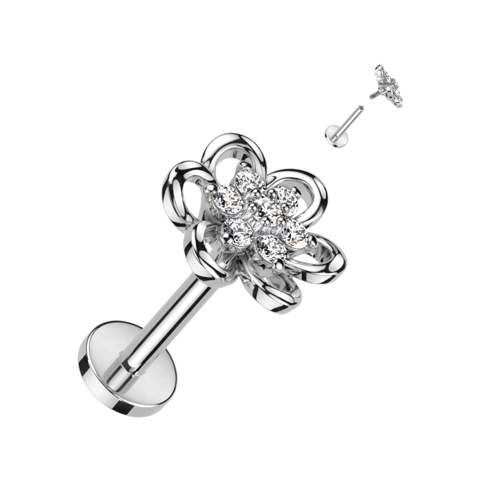 Hollow Flower With CZ Center Top 316L Surgical Steel Internally Threaded Labret, Flat Back Stud - Clear