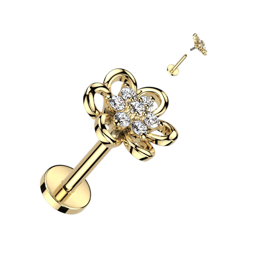 Hollow Flower With CZ Center Top 316L Surgical Steel Internally Threaded Labret, Flat Back Stud - Gold/Clear