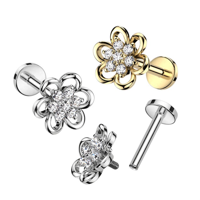 Hollow Flower With CZ Center Internally Threaded 316L Steel Labret Flat Back Stud