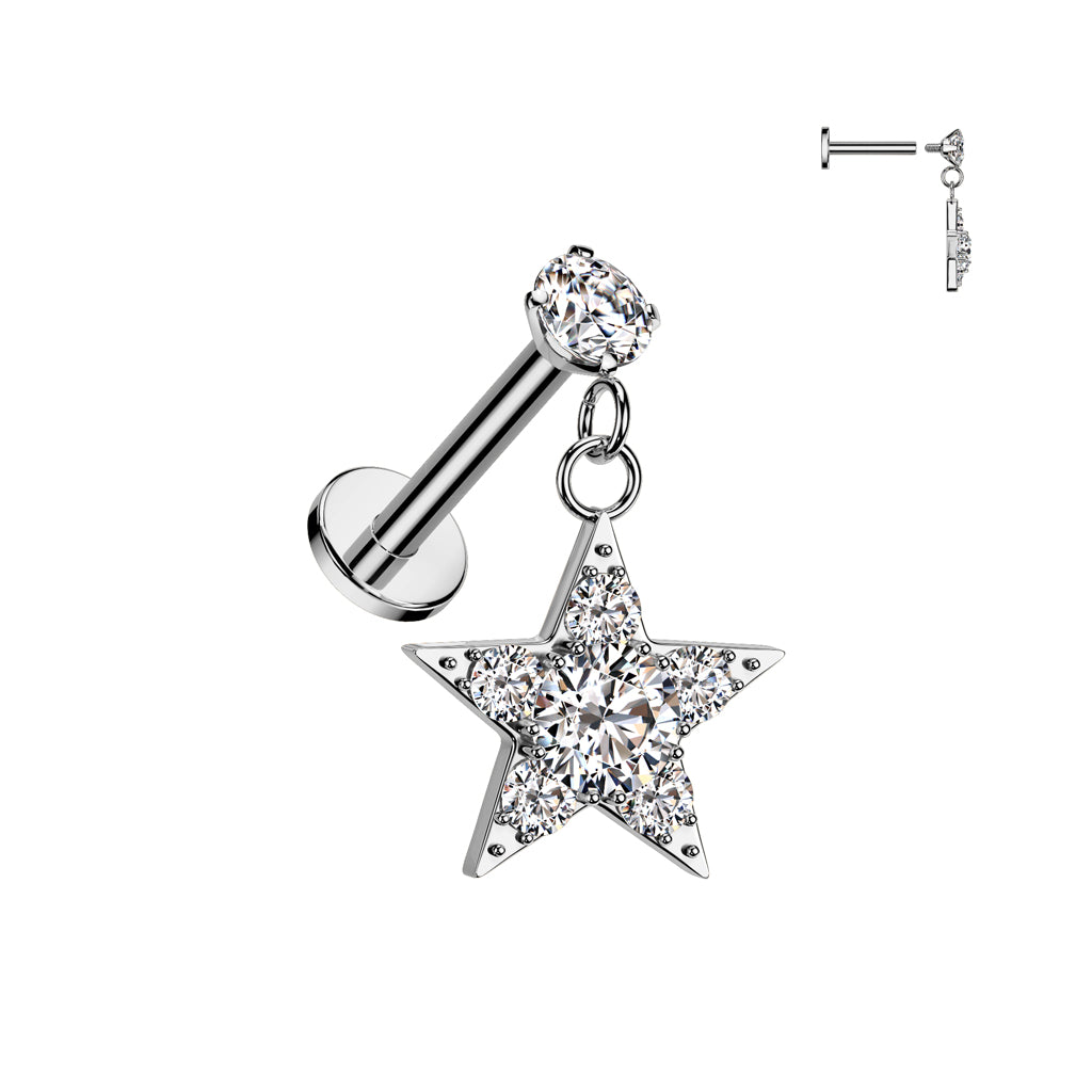 316L Surgical Steel Internally Threaded Round Prong Set CZ Top With CZ Star Dangle Labret, Flat Back Stud - Clear