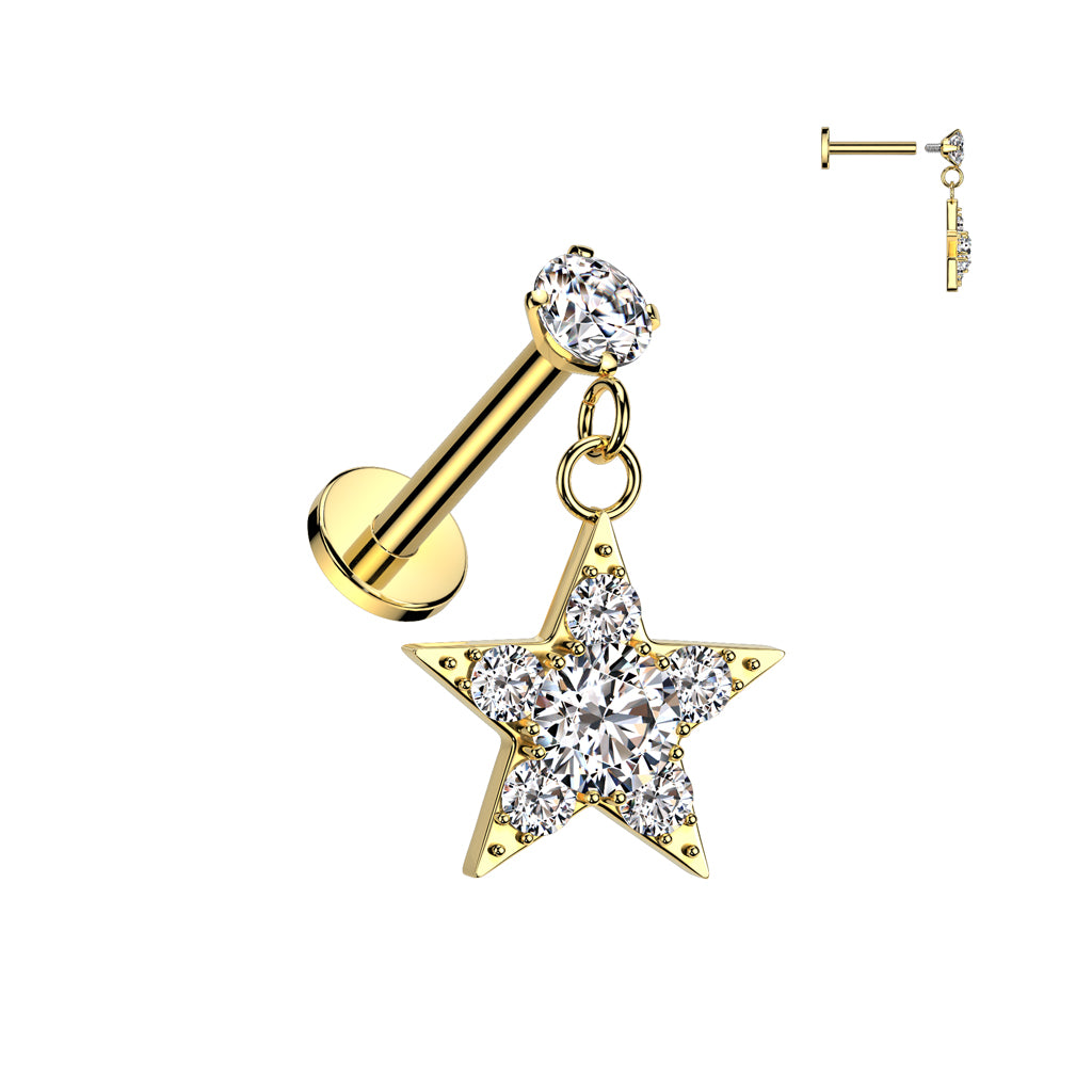 316L Surgical Steel Internally Threaded Round Prong Set CZ Top With CZ Star Dangle Labret, Flat Back Stud - Gold/Clear