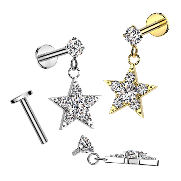 316L Surgical Steel Internally Threaded CZ Top With CZ Star Dangle Labret Stud
