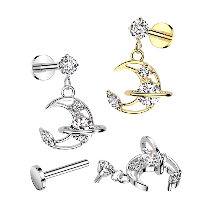 316L Steel Internally Threaded CZ Top With Saturn And Crescent Moon Dangle Labret