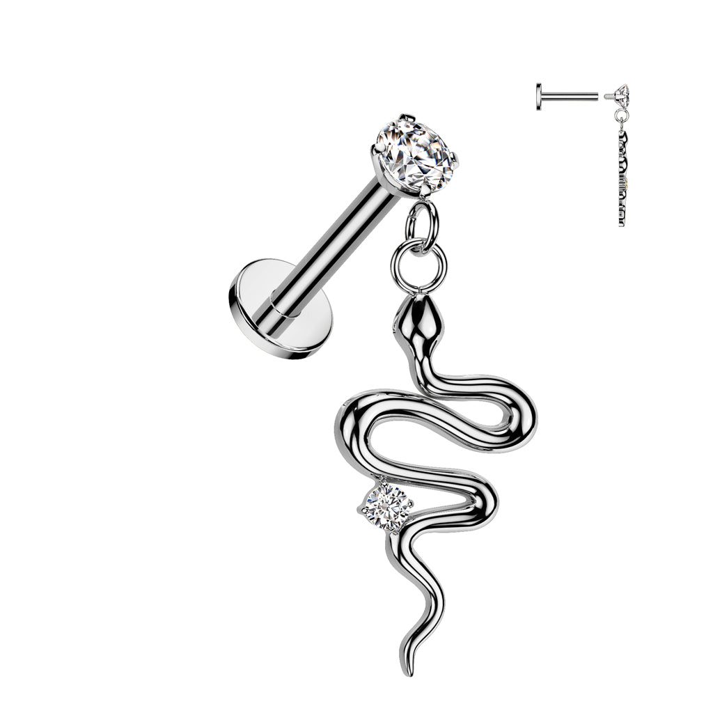 316L Surgical Steel Internally Threaded Round Prong Set CZ Top With Snake Dangle Labret Flat Back Stud - Clear