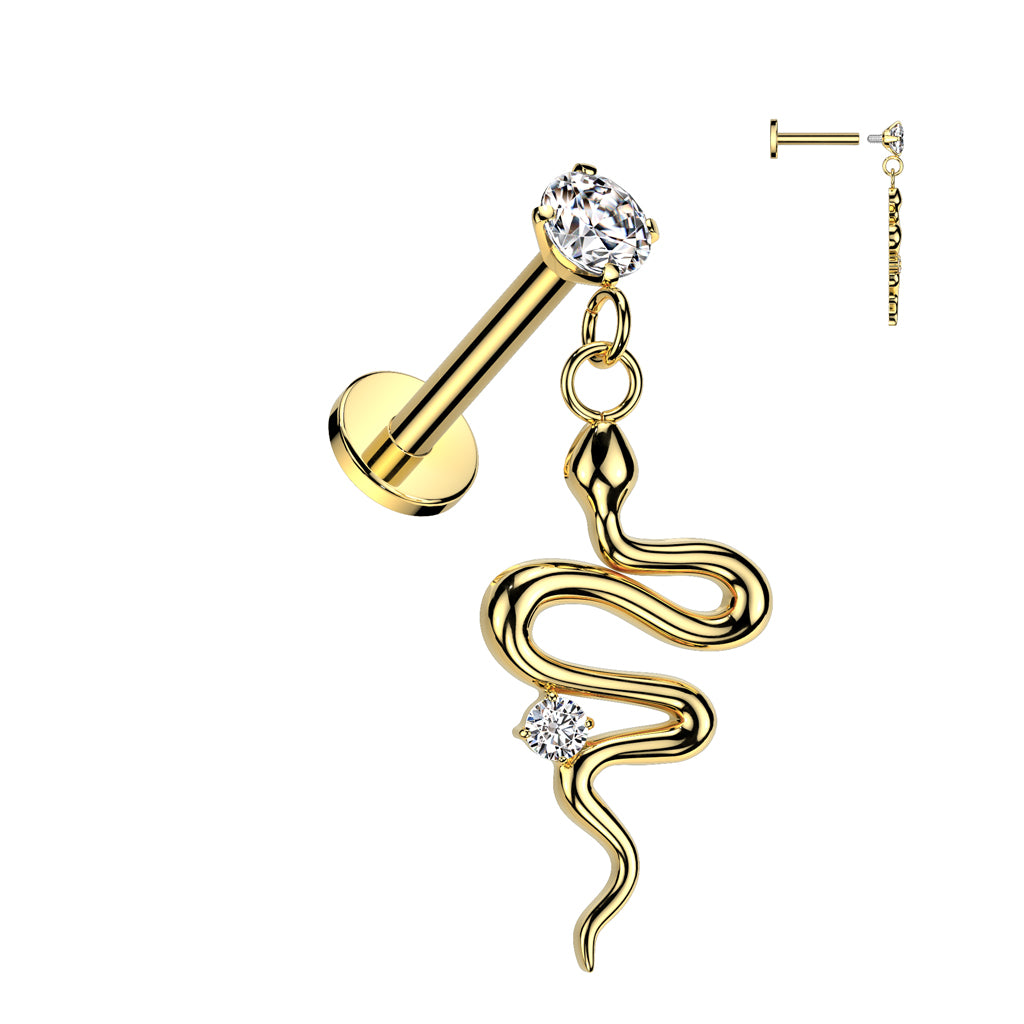 316L Surgical Steel Internally Threaded Round Prong Set CZ Top With Snake Dangle Labret Flat Back Stud - Gold/Clear