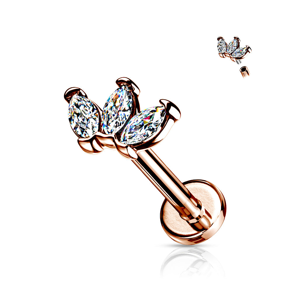 316L Internally Threaded Flat Back Labret With Triple Marquise Cz Top - Rose Gold/Clear