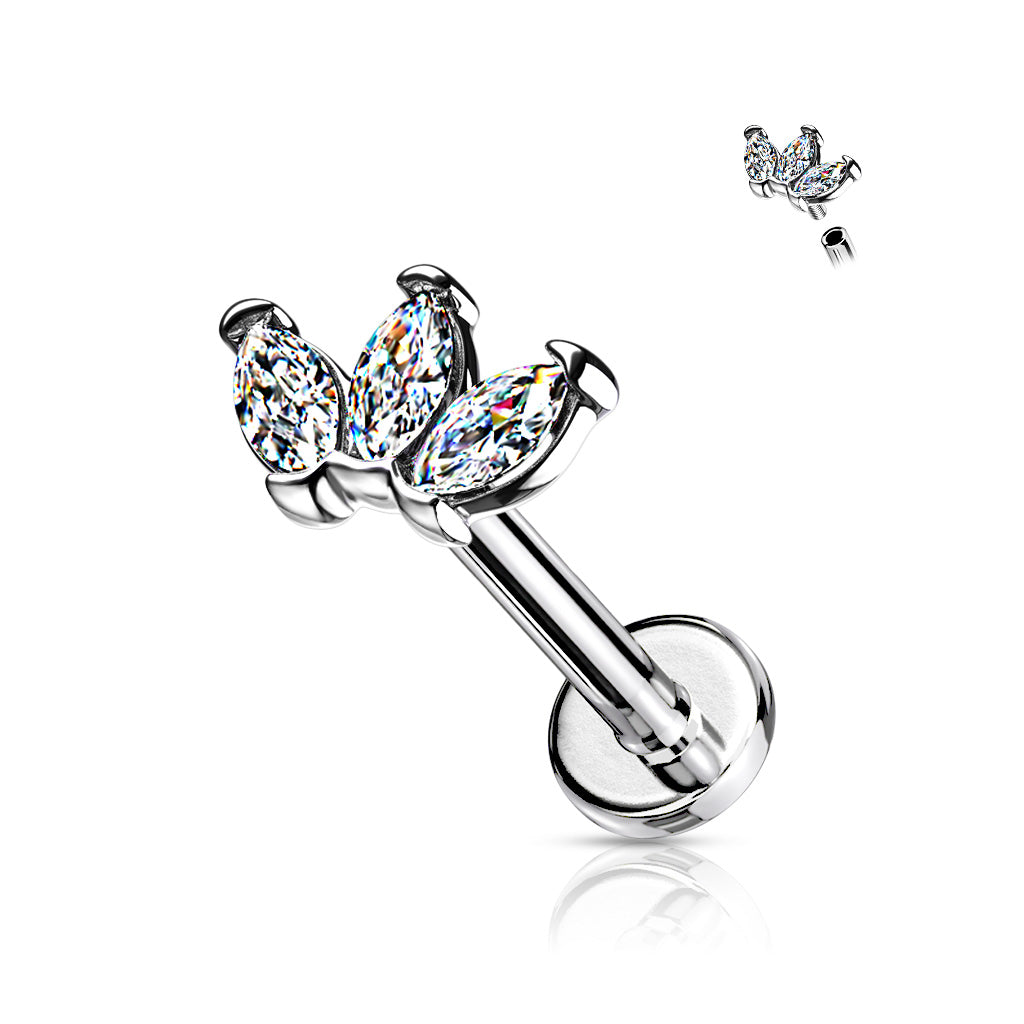 316L Internally Threaded Flat Back Labret With Triple Marquise Cz Top - Steel/Clear