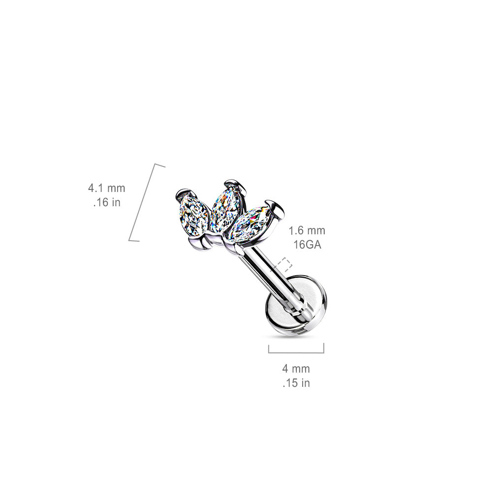 316L Internally Threaded Flat Back Labret With Triple Marquise Cz Top size chart