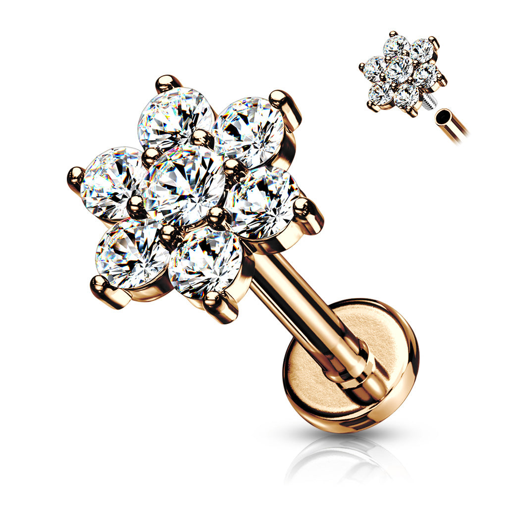 316L Internally Threaded Flat Back Labret With Pave Round Cz Flower Top - Rose Gold/Clear