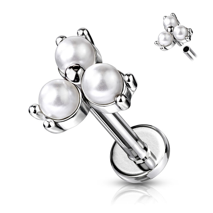 316L Internally Threaded Flat Back Labret With Pearl Prong Set Trinity Top