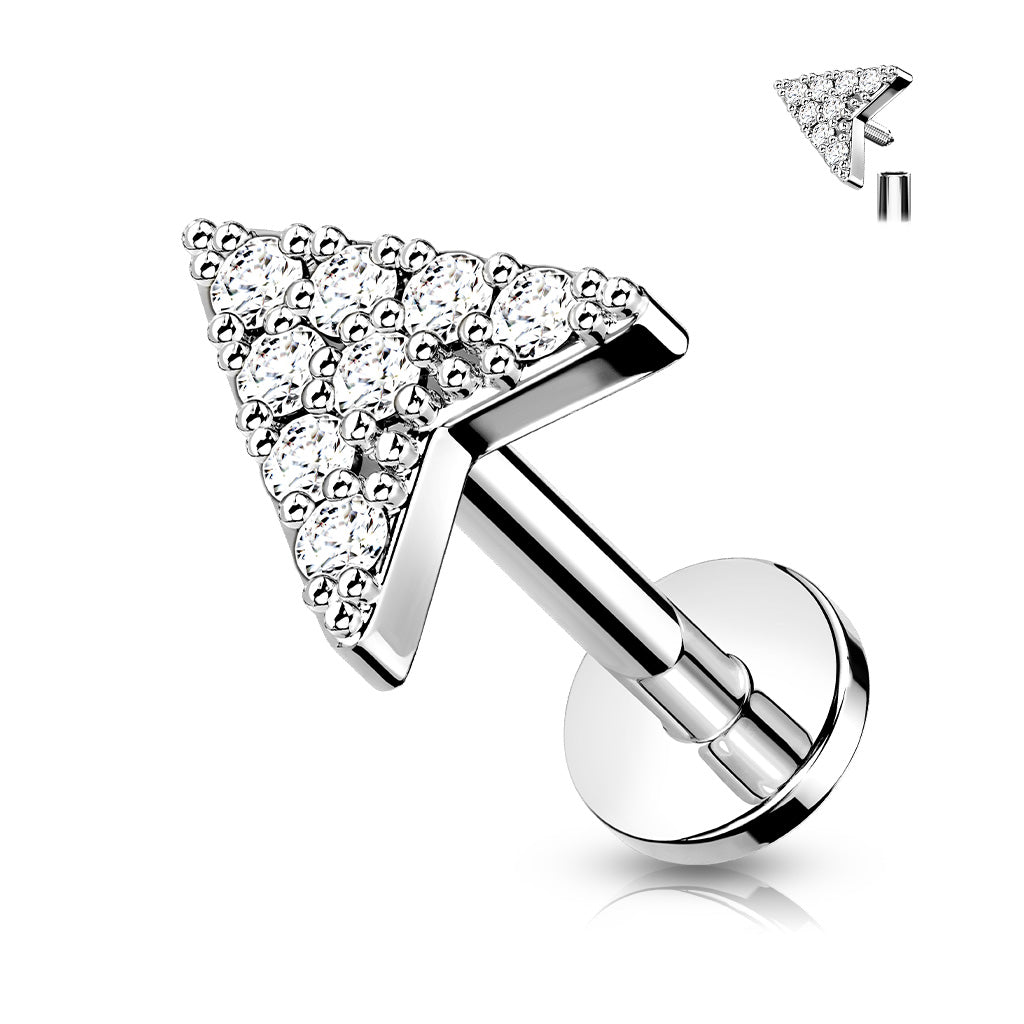 316L Internally Threaded Flat Back Labret with Pave CZ Chevron Arrow Top - Steel/Clear