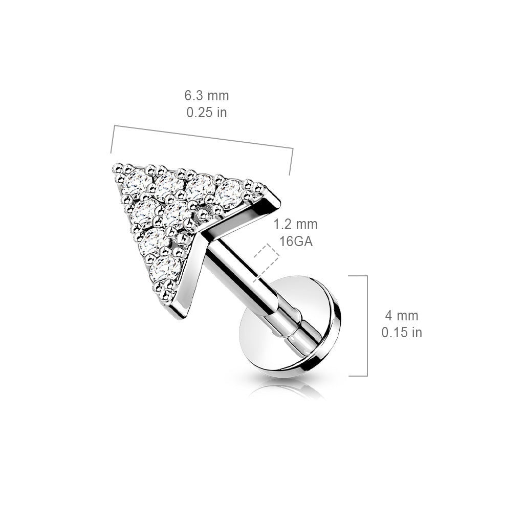 316L Internally Threaded Flat Back Labret with Pave CZ Chevron Arrow Top size chart