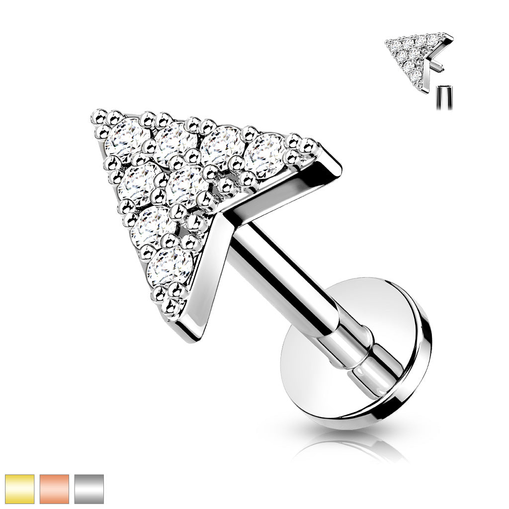 316L Internally Threaded Flat Back Labret with Pave CZ Chevron Arrow Top - all colors