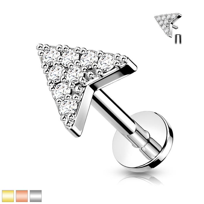 316L Internally Threaded Flat Back Labret With Pave CZ Chevron Arrow Top