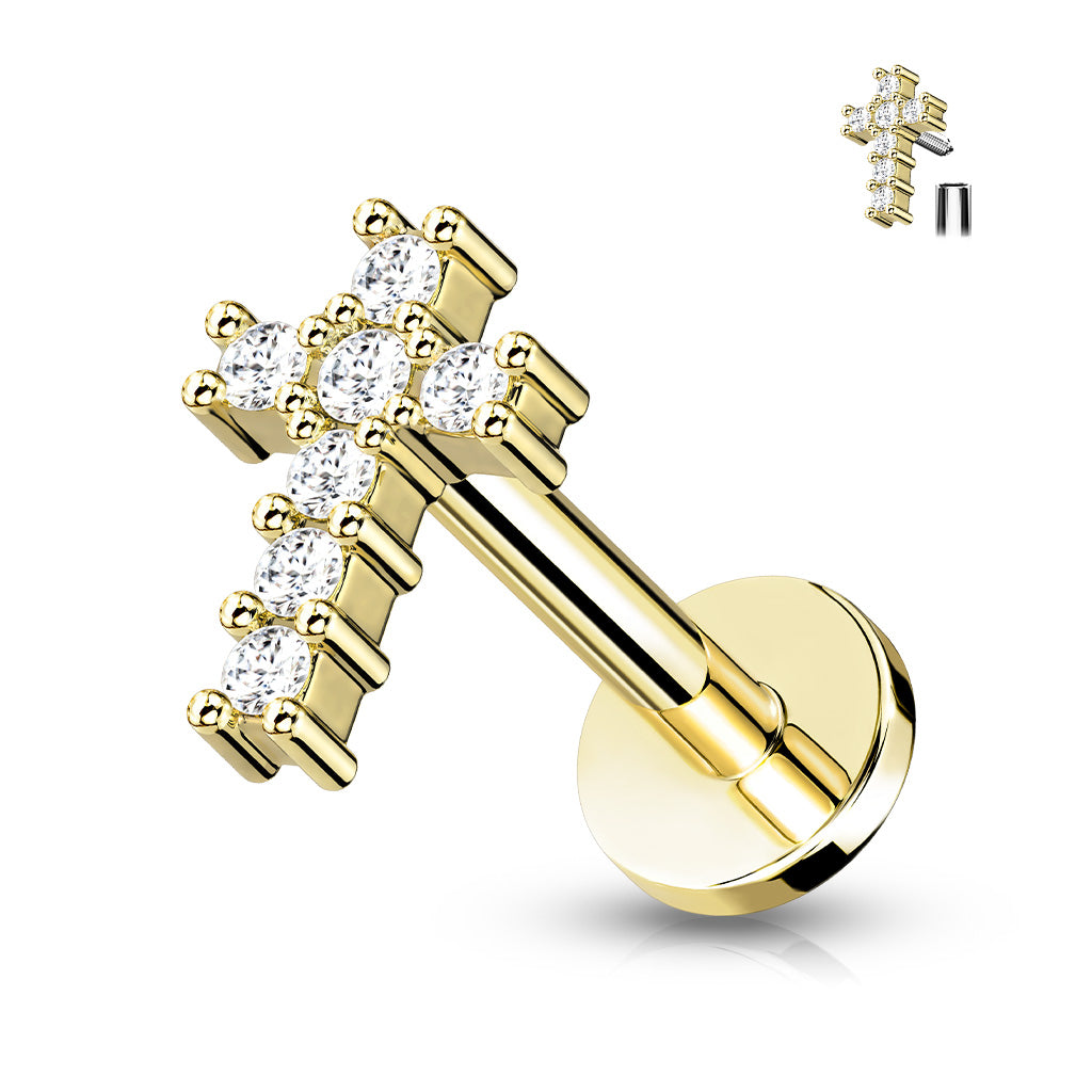 316L Internally Threaded Flat Back Labret with Pave CZ Cross Top - Gold/Clear