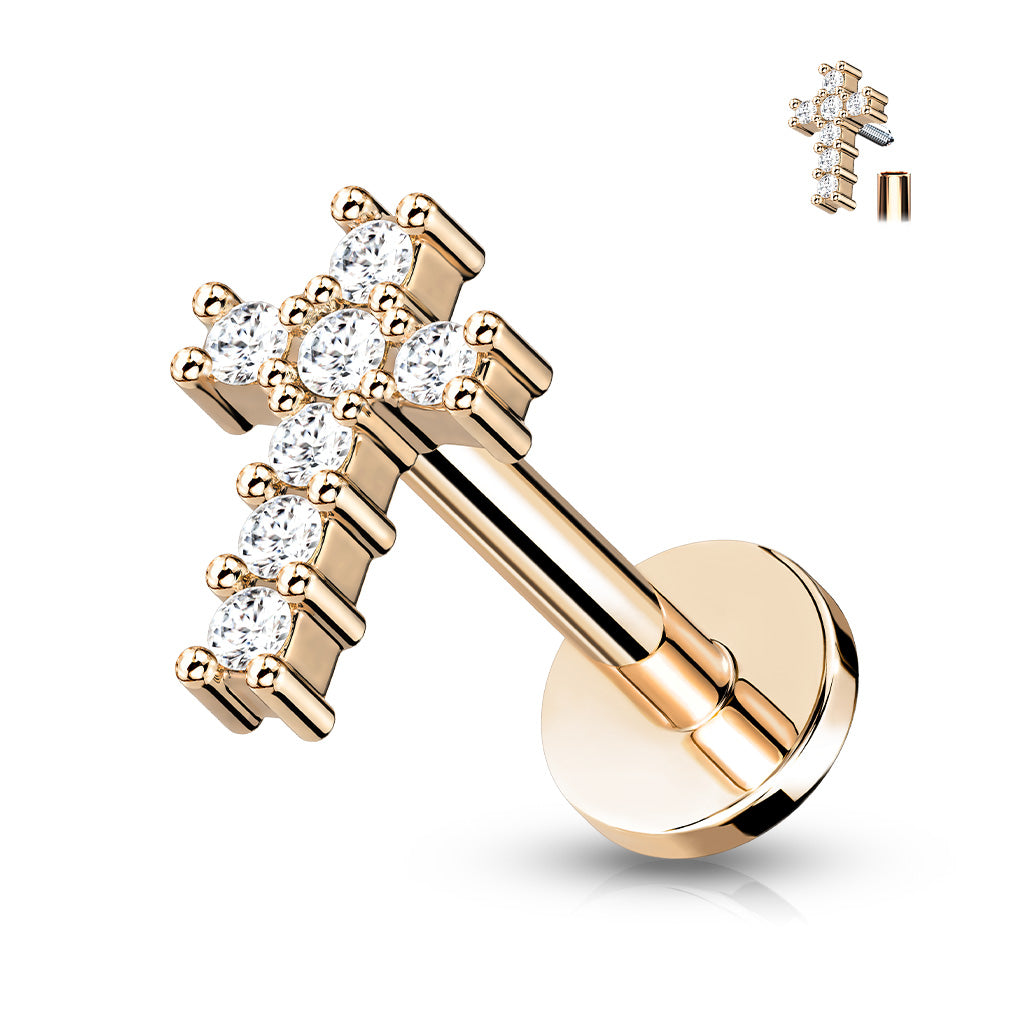 316L Internally Threaded Flat Back Labret with Pave CZ Cross Top - Rose Gold/Clear